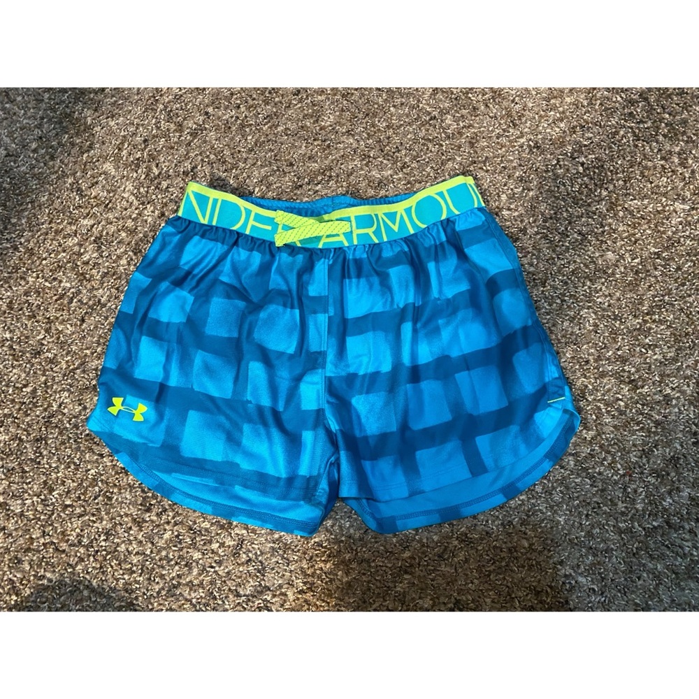 Girls Under Armour Blue and Neon Green Athletic Shorts